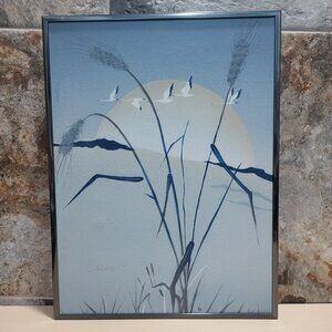 Vintage Minimalist Landscape Oil Painting Signed Haverty Silver Tone Metal Frame